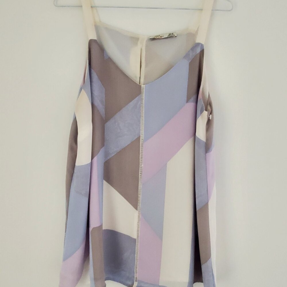 DEX Camisole Tank Top Blouse Pastel Geo Color Block Pattern V Neck Flowy MED